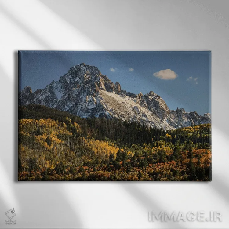 تابلو پاییز، درختان صنوبر و رشتهکوه اسنفِلز، جنگل ملی آنکامپاگره، کلرادو (۲) اثر آدام جونز - نمای روبهرو روی دیوار