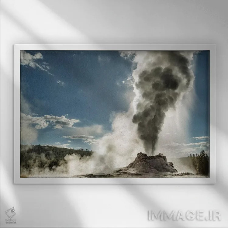 تابلو فوران گایزر کسل، حوضه آبگرم بالایی، پارک ملی یلواستون، وایومینگ اثر آدام جونز - نمای قابدار سفید