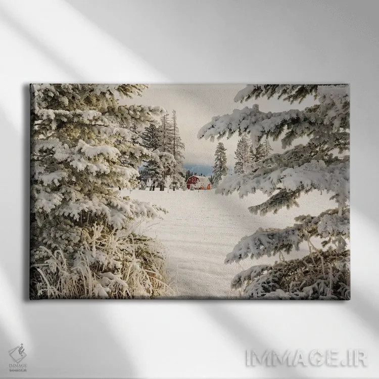 تابلو انبار قرمز کلاسیک و منظرهای برفی، کلیسپل، مونتانا اثر آدام جونز - نمای روبهرو روی دیوار