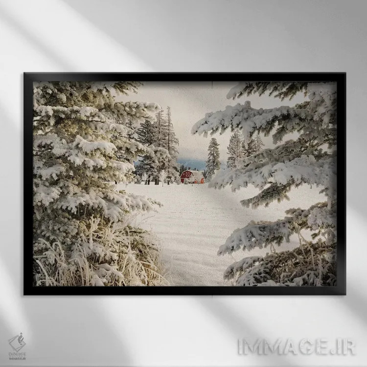 تابلو انبار قرمز کلاسیک و منظرهای برفی، کلیسپل، مونتانا اثر آدام جونز - نمای قابدار مشکی