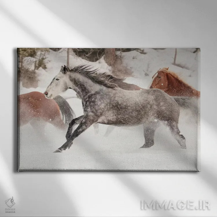 تابلو جمعآوری اسبها در زمستان، کلیسپل، مونتانا اثر آدام جونز - نمای روبهرو روی دیوار