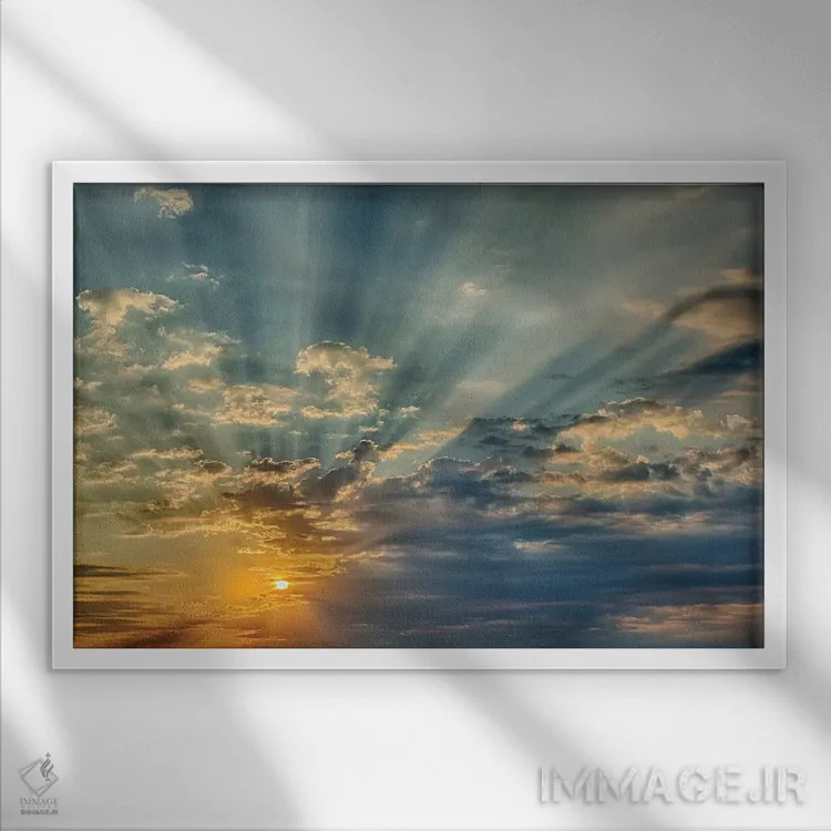 تابلو تابش پرتوهای خورشید از میان ابرها در غروب، سینسیناتی، اوهایو اثر آدام جونز - نمای قابدار سفید