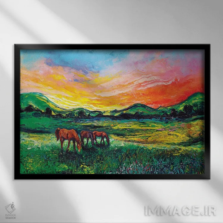 تابلو غروب چمنزار اثر آجا تریر - نمای قابدار مشکی