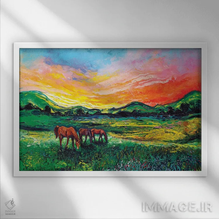 تابلو غروب چمنزار اثر آجا تریر - نمای قابدار سفید