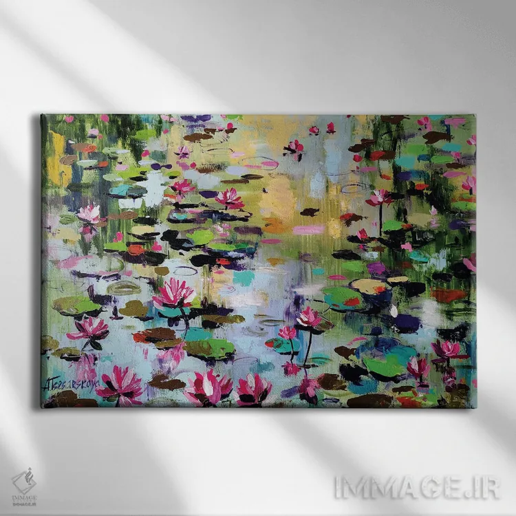 تابلو دریاچه با نیلوفرهای آبی اثر آلیاکساندرا تسسارسکایا - نمای روبهرو روی دیوار