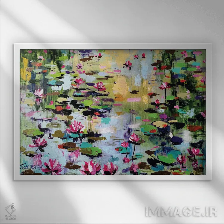تابلو دریاچه با نیلوفرهای آبی اثر آلیاکساندرا تسسارسکایا - نمای قابدار سفید