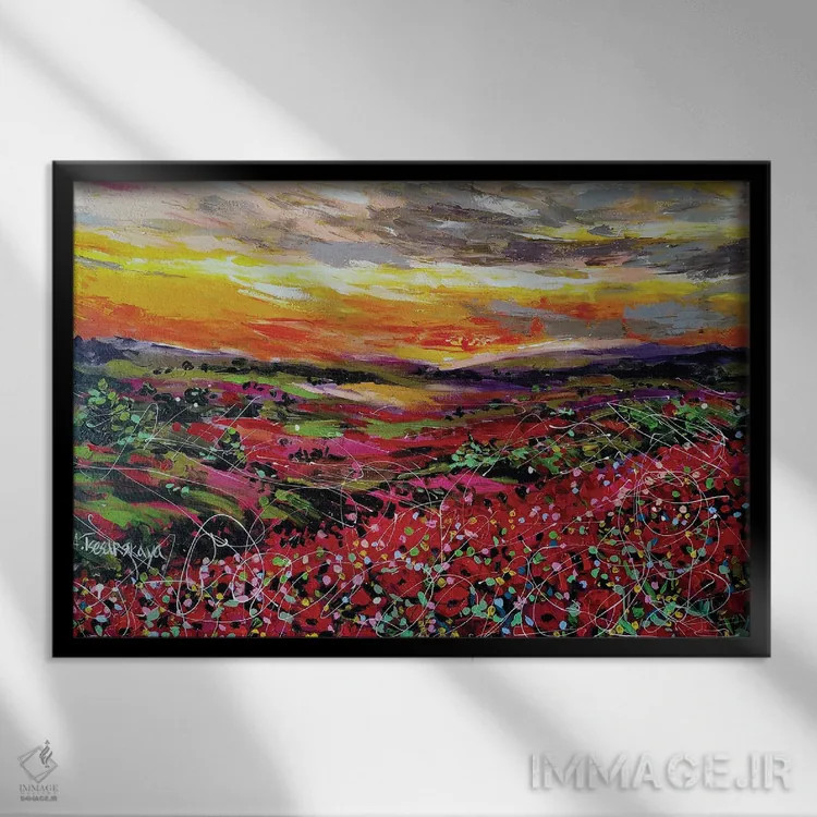 تابلو مزرعه شقایقها اثر آلیاکساندرا تسسارسکایا - نمای قابدار مشکی