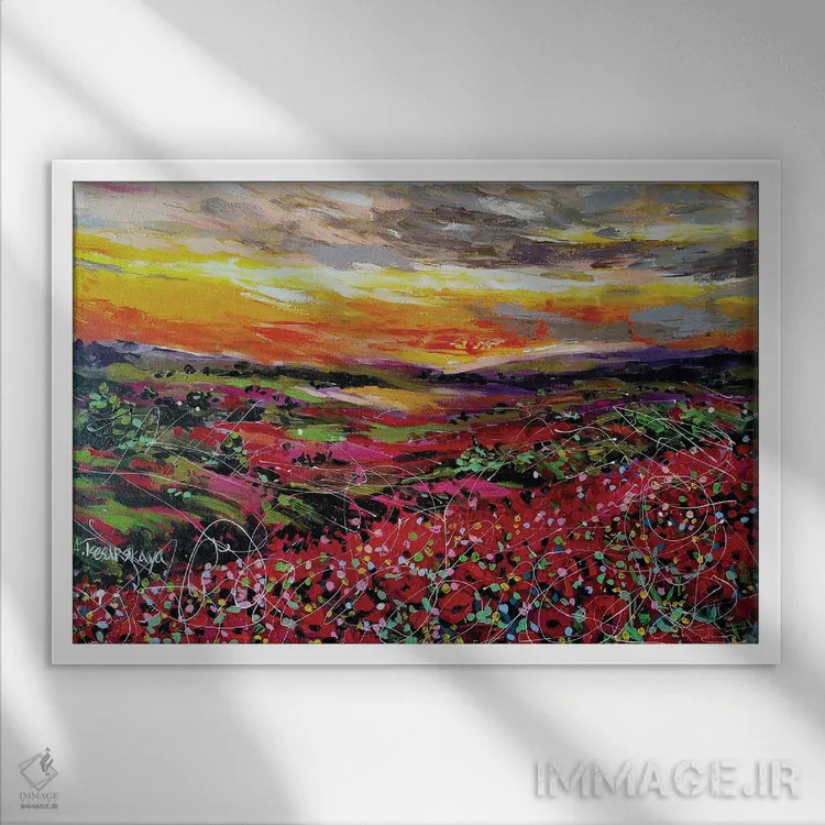 تابلو مزرعه شقایقها اثر آلیاکساندرا تسسارسکایا - نمای قابدار سفید