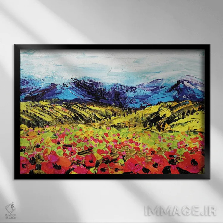 تابلو منظره با شقایقها و کوه اثر آلیاکساندرا تسسارسکایا - نمای قابدار مشکی