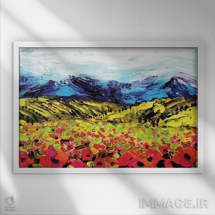 تابلو منظره با شقایقها و کوه اثر آلیاکساندرا تسسارسکایا - نمای قابدار سفید