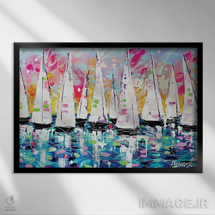 تابلو قایقهای بادبانی تابستانی اثر آلیاکساندرا تسسارسکایا - نمای قابدار مشکی