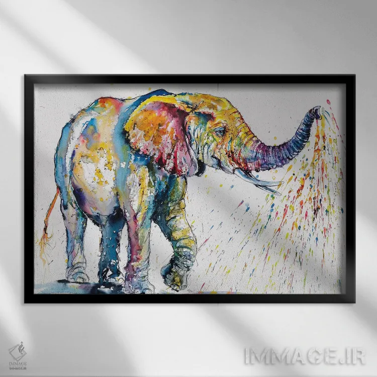 تابلو فیل رنگارنگ بازیگوش اثر آنا بریجیتا کوواچ - نمای قابدار مشکی