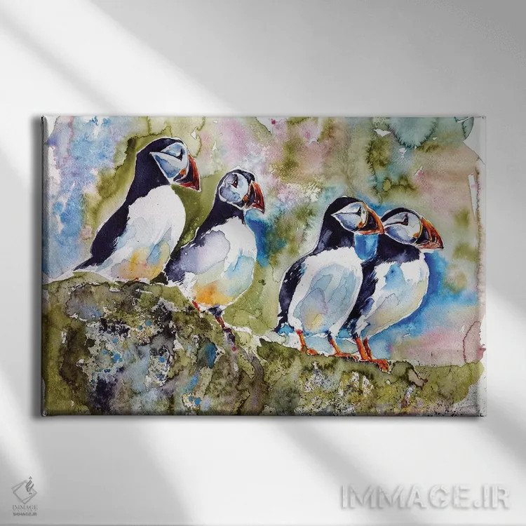 تابلو پافینها روی سنگ اثر آنا بریجیتا کوواچ - نمای روبهرو روی دیوار