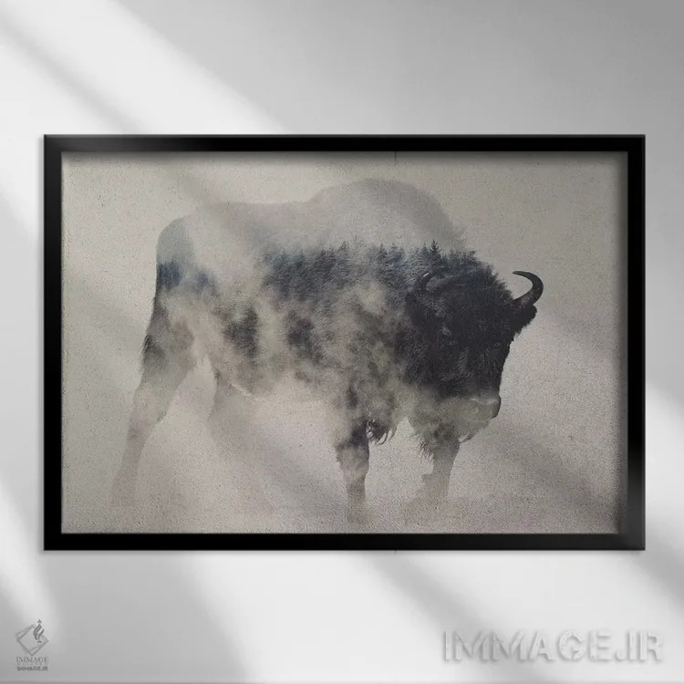تابلو گاومیش آمریکایی در مه غلیظ اثر آندریاس لیه - نمای قابدار مشکی