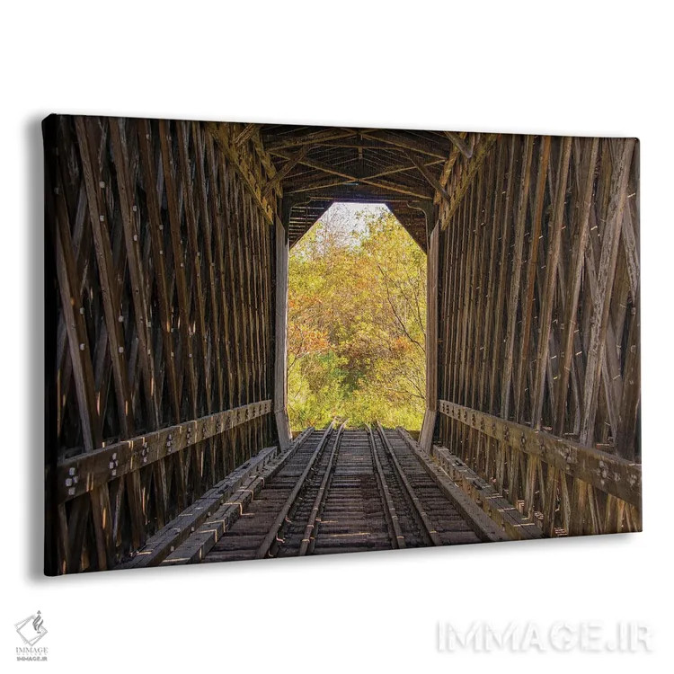 تابلو آمریکا، ورمونت، منظره پاییزی از جاده ۱۵، ولکات، پل قطار روکشدار فیشر (۱۹۰۸)، شهرستان لامویل اثر آلیسون جونز - نمای پرسپکتیو محصول