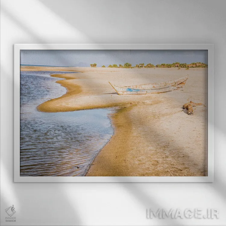 تابلو شرق آفریقا، کنیا. حوضه رودخانه اومو، حوضه دریاچه تورکانا، ساحل غربی دریاچه تورکانا، ساحل کمپ لوبولو اثر آلیسون جونز - نمای قابدار سفید