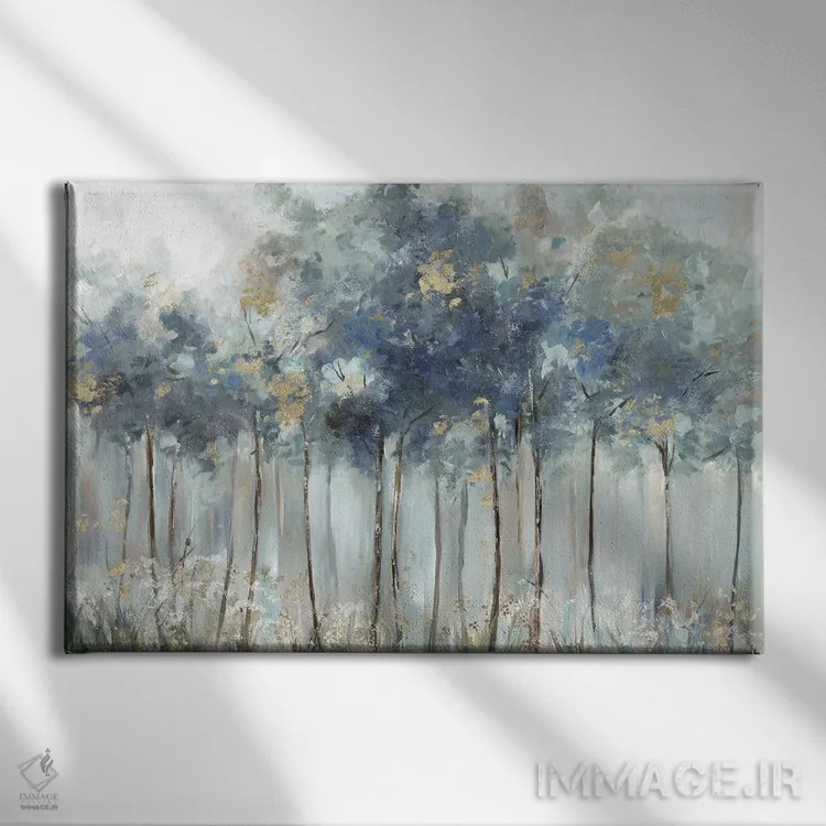 تابلو جنگل آبی طلایی اثر آلیسون پیرس - نمای روبهرو روی دیوار