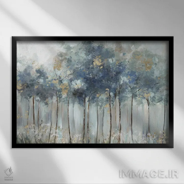 تابلو جنگل آبی طلایی اثر آلیسون پیرس - نمای قابدار مشکی