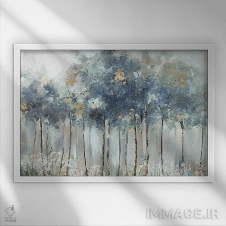 تابلو جنگل آبی طلایی اثر آلیسون پیرس - نمای قابدار سفید