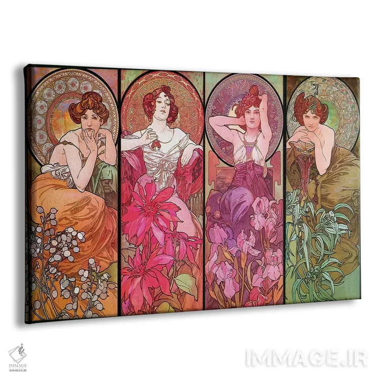 تابلو سنگهای قیمتی (یاقوت، زمرد، آمتیست، توپاز) ۱۹۰۰ اثر آلفونس موخا (هنرمند آرت نووی چک) - نمای پرسپکتیو محصول