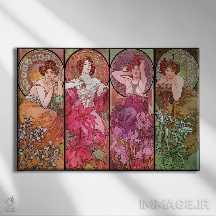 تابلو سنگهای قیمتی (یاقوت، زمرد، آمتیست، توپاز) ۱۹۰۰ اثر آلفونس موخا (هنرمند آرت نووی چک) - نمای روبهرو روی دیوار