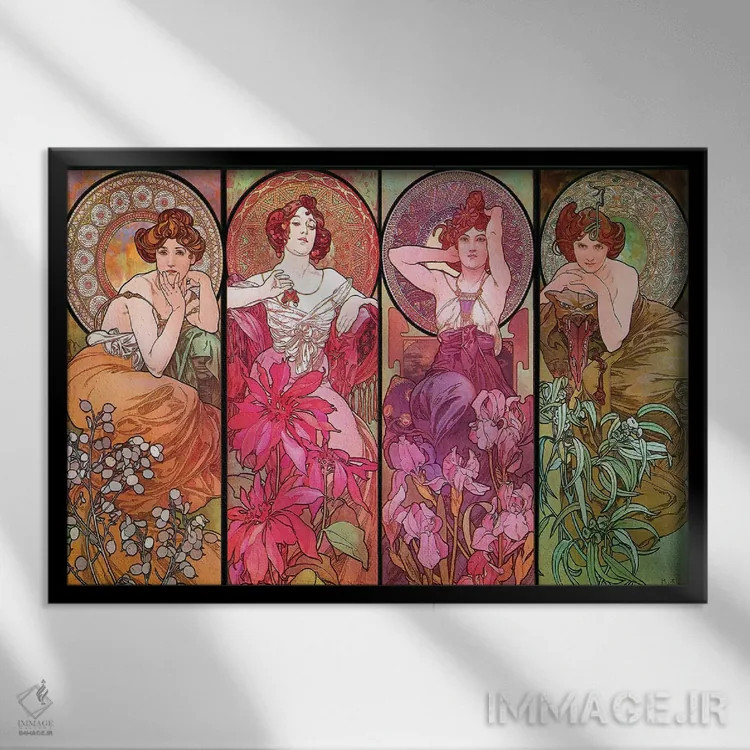 تابلو سنگهای قیمتی (یاقوت، زمرد، آمتیست، توپاز) ۱۹۰۰ اثر آلفونس موخا (هنرمند آرت نووی چک) - نمای قابدار مشکی