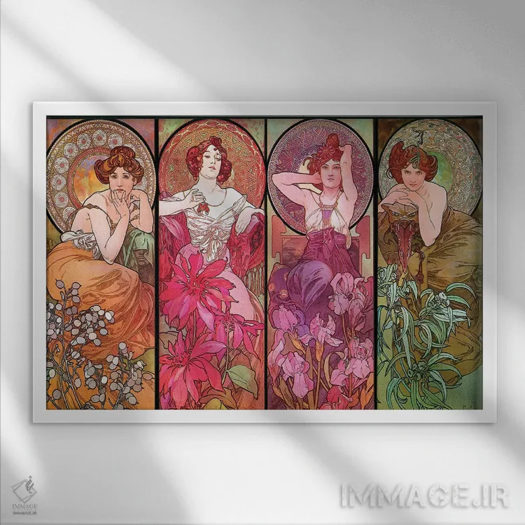 تابلو سنگهای قیمتی (یاقوت، زمرد، آمتیست، توپاز) ۱۹۰۰ اثر آلفونس موخا (هنرمند آرت نووی چک) - نمای قابدار سفید