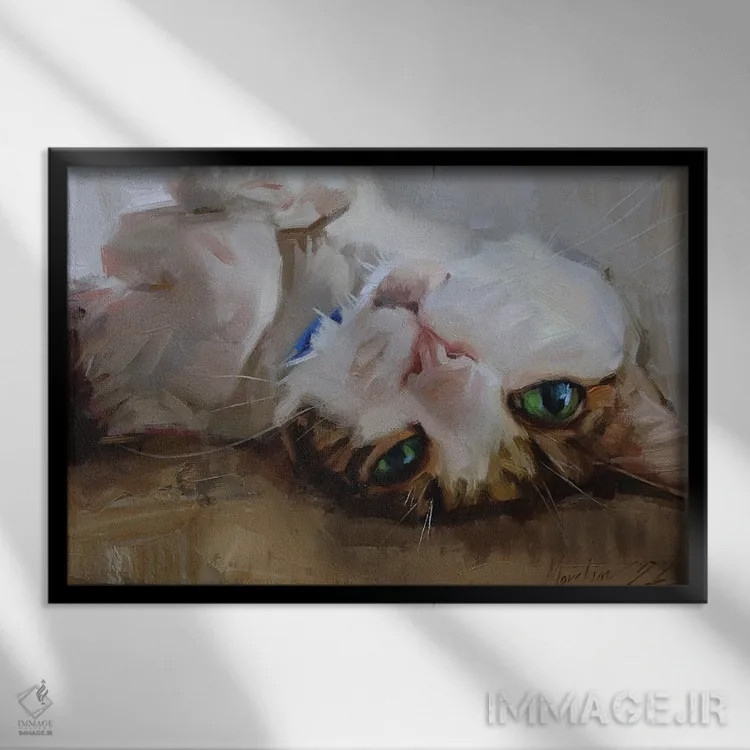 تابلو پرترهٔ گربهای که به پشت خوابیده اثر الکس مووچون - نمای قابدار مشکی