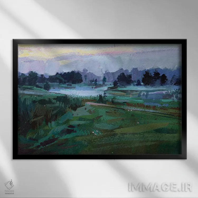 تابلو نقاشی طلوع آفتاب، مه صبحگاهی اثر الکس مووچون - نمای قابدار مشکی