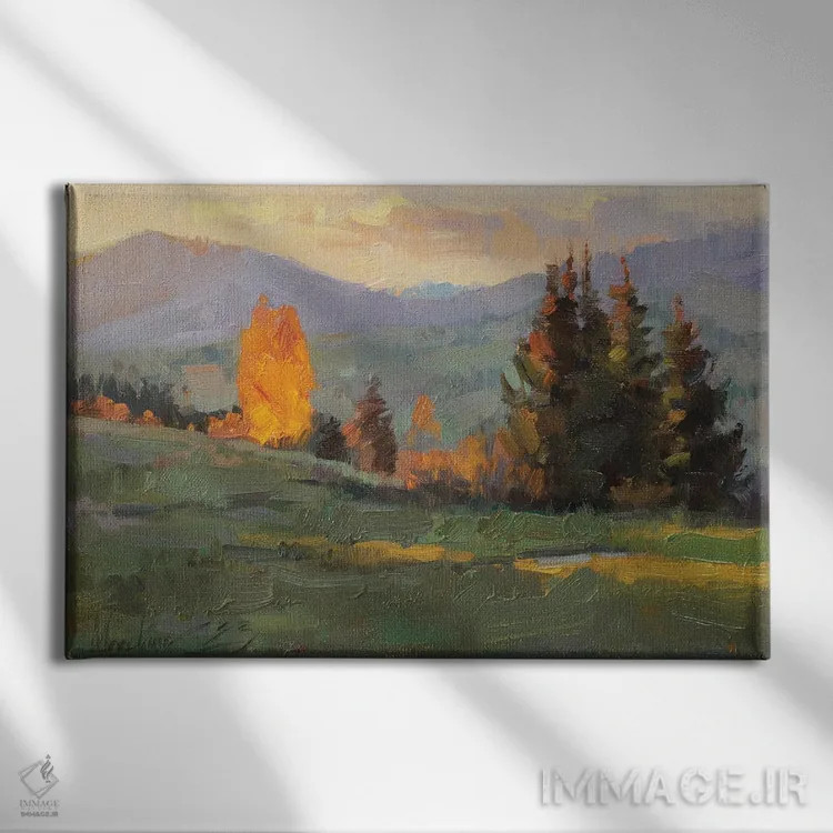 تابلو غروب ساعت طلایی در کوهستان اثر الکس مووچون - نمای روبهرو روی دیوار