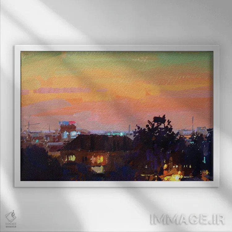 تابلو چراغهای شبانه در شهر اثر الکس مووچون - نمای قابدار سفید