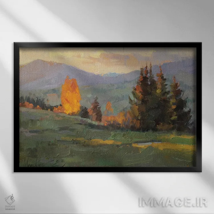 تابلو غروب ساعت طلایی در کوهستان اثر الکس مووچون - نمای قابدار مشکی