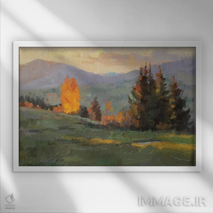 تابلو غروب ساعت طلایی در کوهستان اثر الکس مووچون - نمای قابدار سفید
