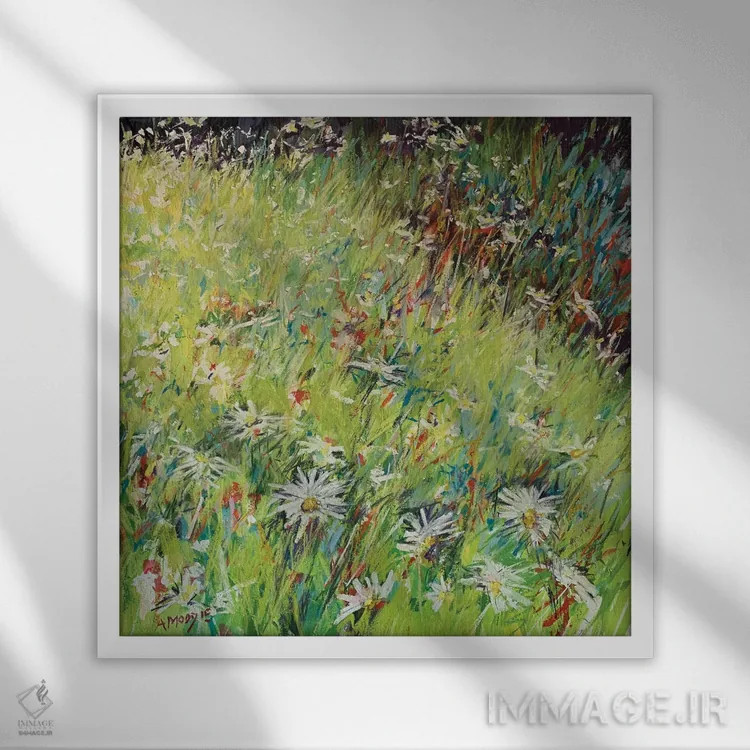 تابلو چمنزار گلمروارید اثر اندرو مودی - نمای قابدار سفید