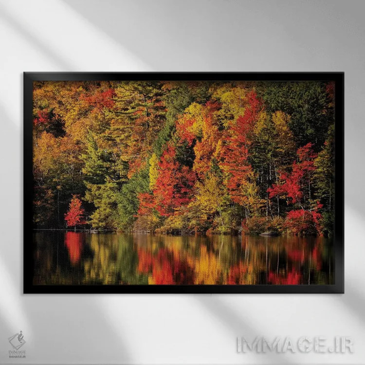 تابلو آمریکا، نیوهمپشایر، کوههای سفید، انعکاس پاییزی در برکه راسل اثر آن کالینز - نمای قابدار مشکی