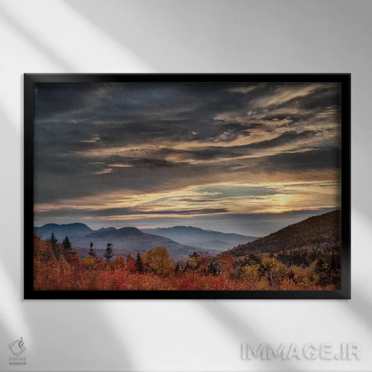 تابلو آمریکا، نیوهمپشایر، کوههای سفید، طلوع خورشید از چشمانداز اثر آن کالینز - نمای قابدار مشکی