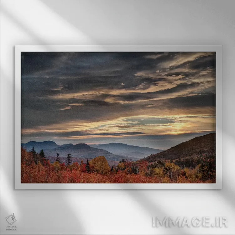 تابلو آمریکا، نیوهمپشایر، کوههای سفید، طلوع خورشید از چشمانداز اثر آن کالینز - نمای قابدار سفید