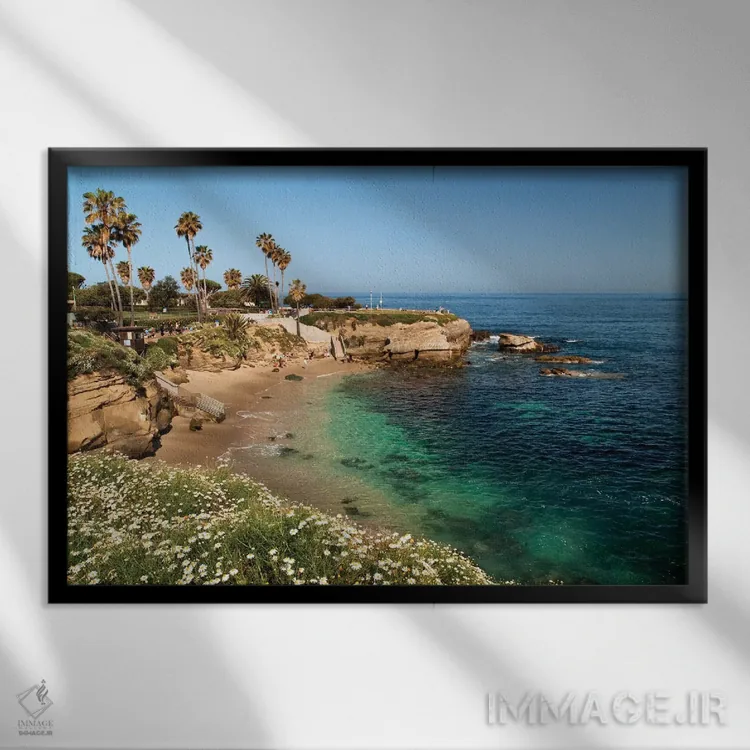 تابلو آمریکا، کالیفرنیا، لاجویا، آب زلال در یک روز بهاری در خلیج لاجویا اثر آن کالینز - نمای قابدار مشکی