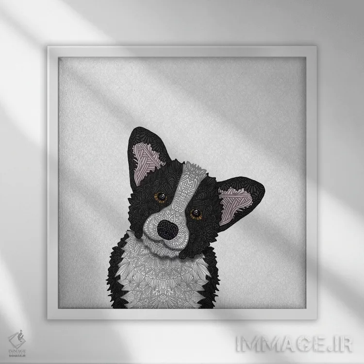 تابلو کورگی سیاه (سگ) اثر آنجلیکا پارکر - نمای قابدار سفید