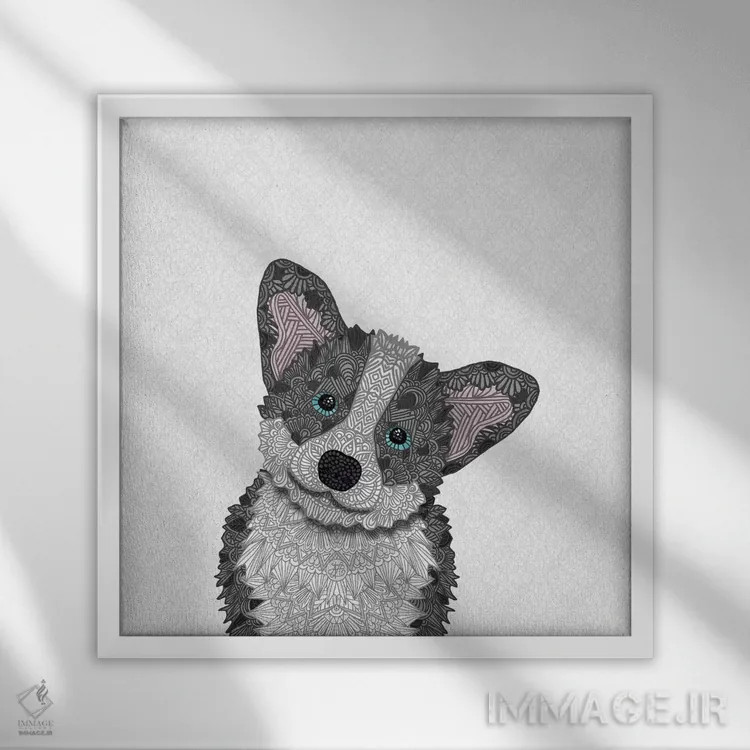 تابلو کورگی آبی (سگ) اثر آنجلیکا پارکر - نمای قابدار سفید