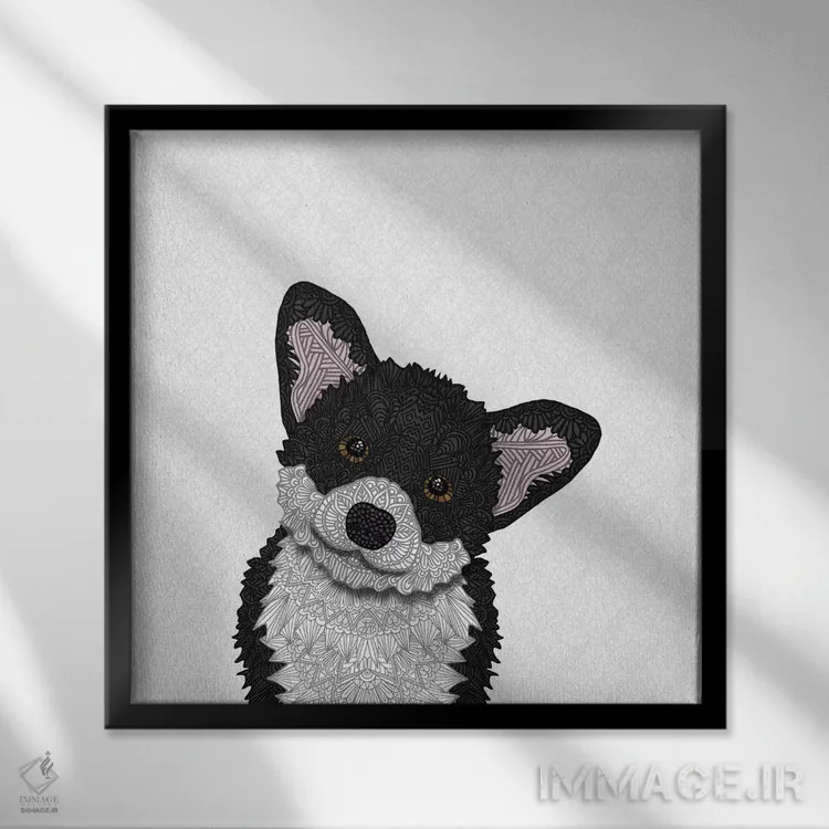 تابلو کورگی سیاه بامزه اثر آنجلیکا پارکر - نمای قابدار مشکی