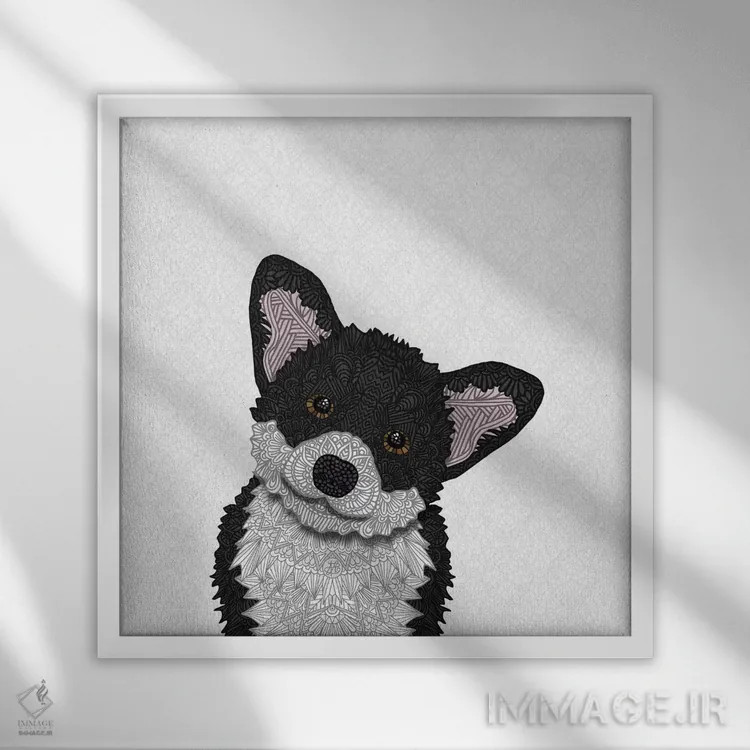 تابلو کورگی سیاه بامزه اثر آنجلیکا پارکر - نمای قابدار سفید