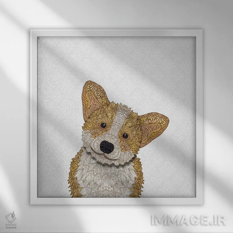 تابلو کورگی نخودی بامزه اثر آنجلیکا پارکر - نمای قابدار سفید