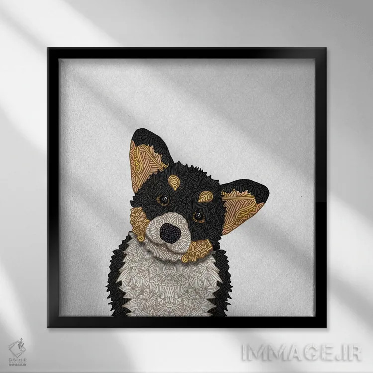 تابلو کورگی سهرنگ بامزه اثر آنجلیکا پارکر - نمای قابدار مشکی