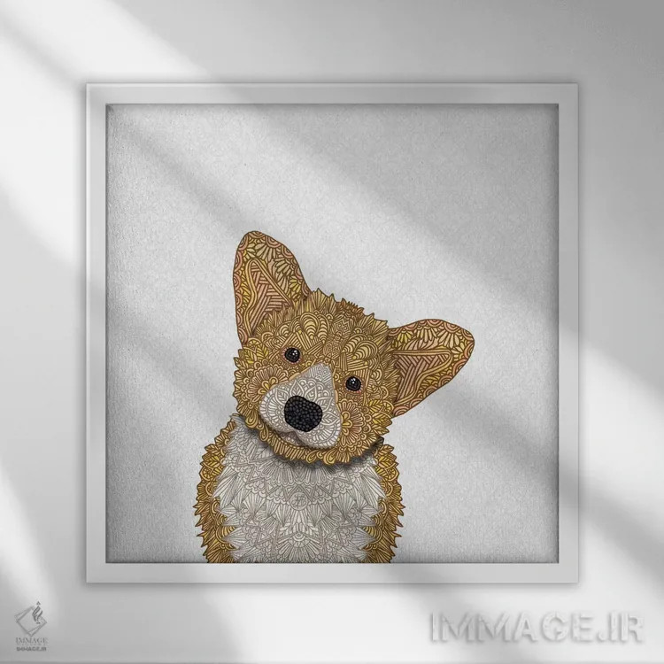 تابلو کورگی نخودی اثر آنجلیکا پارکر - نمای قابدار سفید