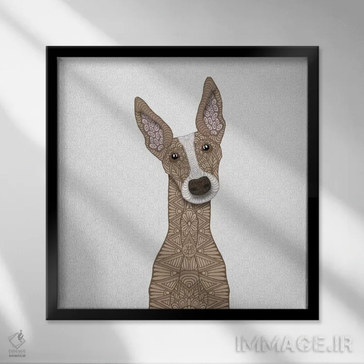 تابلو گریهاند نخودی با پوزه سفید اثر آنجلیکا پارکر - نمای قابدار مشکی