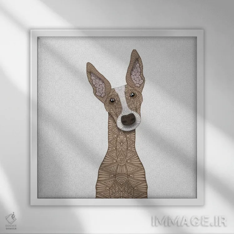 تابلو گریهاند نخودی با پوزه سفید اثر آنجلیکا پارکر - نمای قابدار سفید