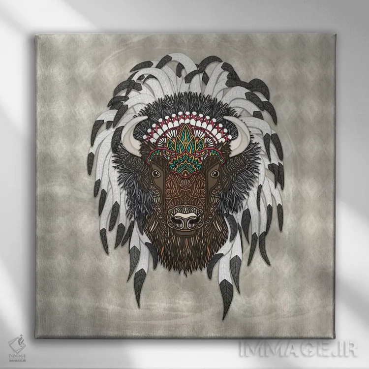 تابلو بوفالوی بومی اثر آنجلیکا پارکر - نمای روبهرو روی دیوار