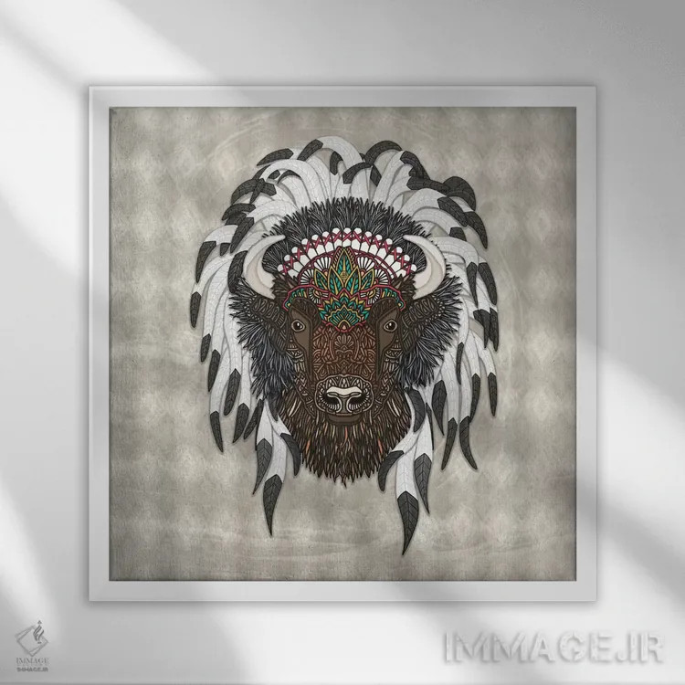 تابلو بوفالوی بومی اثر آنجلیکا پارکر - نمای قابدار سفید