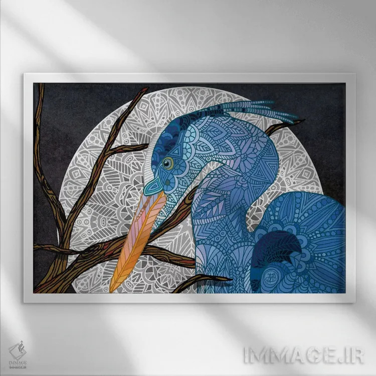 تابلو ماه اگرت (پرنده حواصیل) اثر آنجلیکا پارکر - نمای قابدار سفید